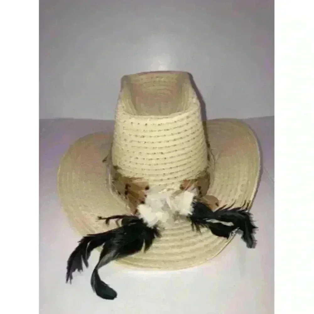 The Round Up Curl Brim Cowboy Rodeo Western Hat Feathers Size 6 3/4